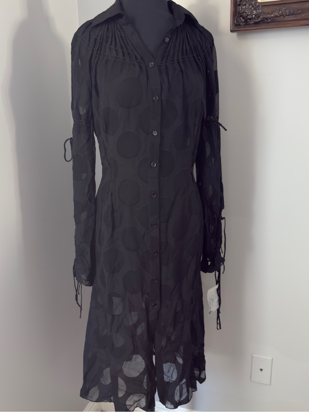 Carolina Herrera Black Sheer Polka-Dot Button-Front Long Sleeve Dress size 8
